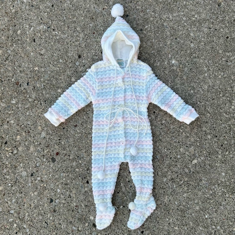 Vintage 70s Baby Knit Bunting Pastel Rainbow Hooded One Piece 0-6M Pom Pom